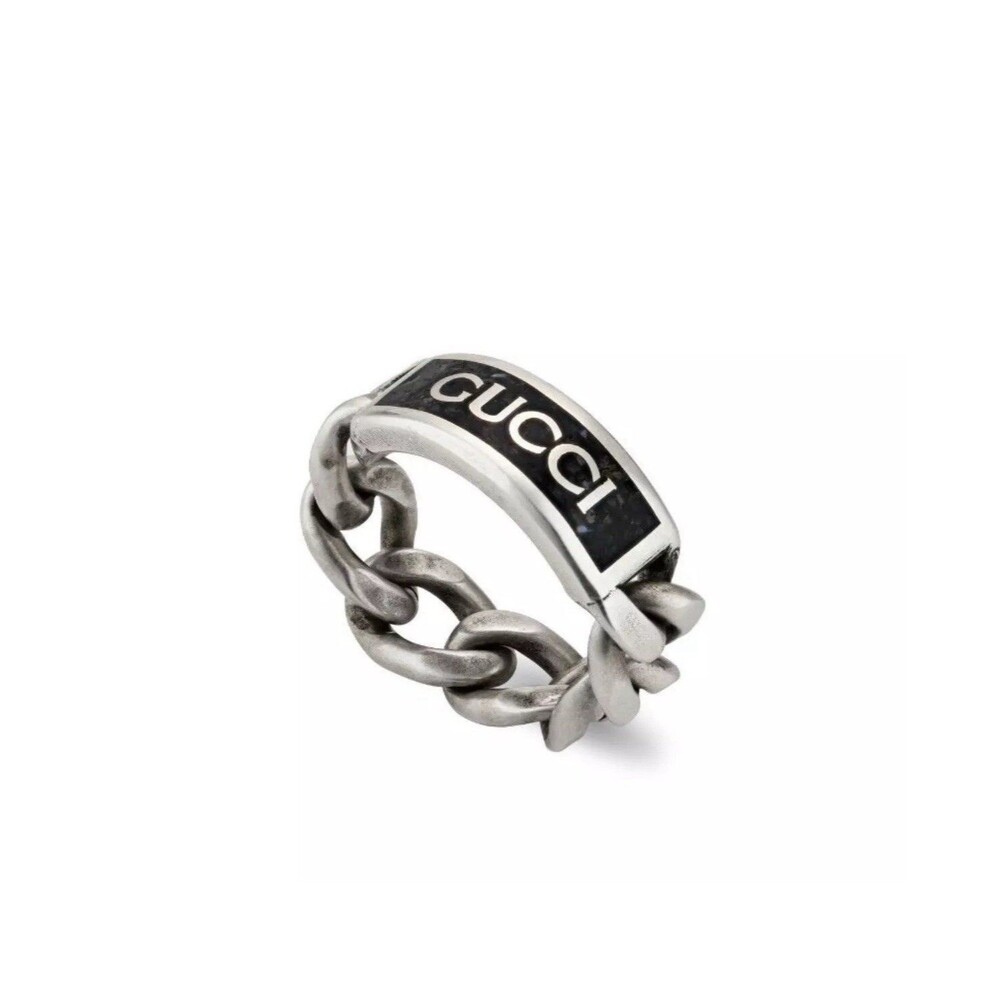 Gucci Logo Sterling Silver & Enamel Plaque Chain Ring Unisex Size IT25 US 11 NEW